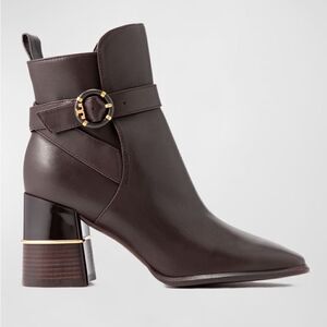 Tory Burch Women Multi Logo Buckle Brown Leather Ankle Boot size 9